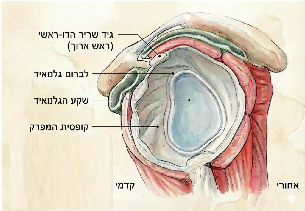 חתך רוחב של הכתף - לברום, קופסית המפרק וגיד הבייספס