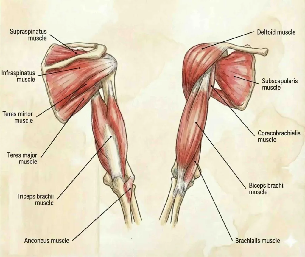 מבט קדמי ואחורי על שרירי הכתף